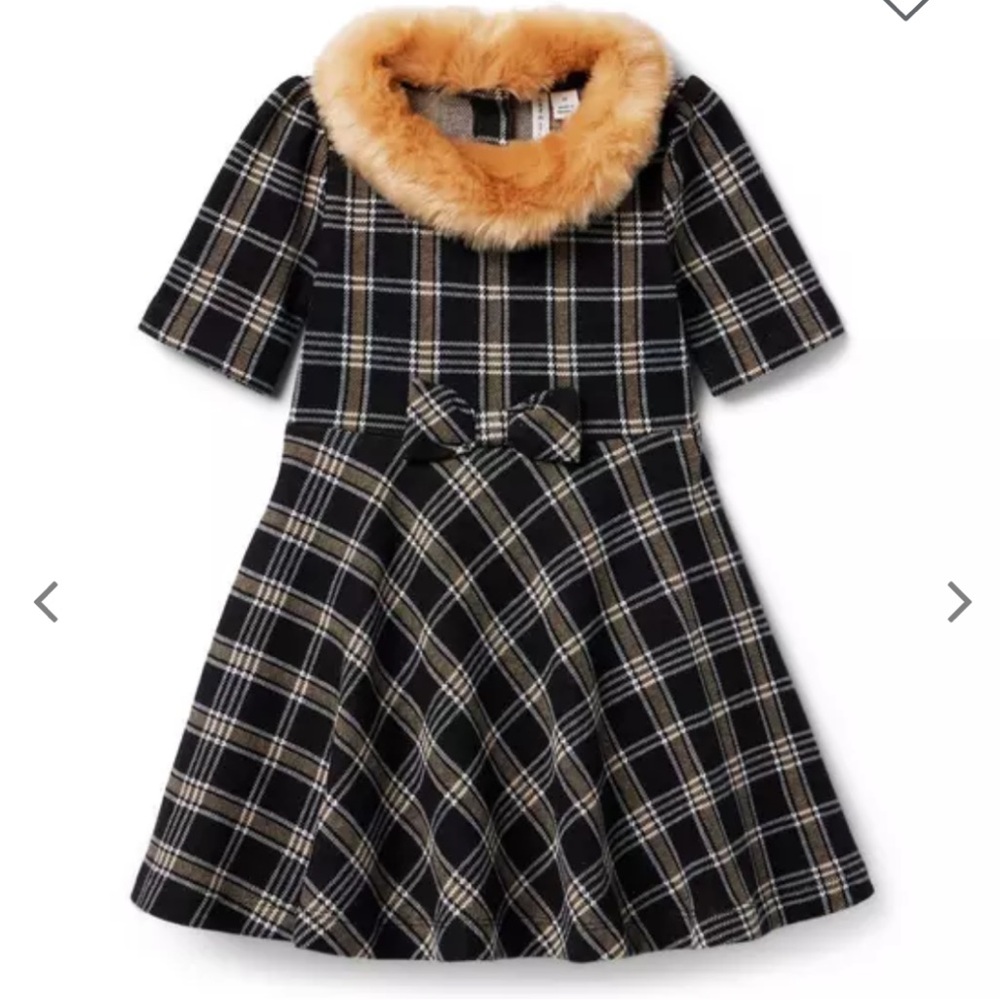 NWT Janie and Jack | Black Tartan Faux Fur Collared Dress | size 5T